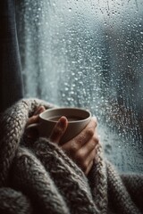 A person wrapped in a scarf holding a mug near the window. Rain falls softly outside. The mood feels comforting and serene