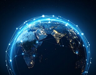 Naklejka premium Digital representation of Earth surrounded by an illuminated blue network grid, illustrating worldwide communication and technological connectivity.