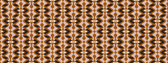A striking repeating pattern featuring intricate tribal motifs in warm earthy tones with a vintage aesthetic.
