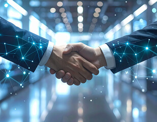 Two business people shaking hands with glowing AI digital network overlay, futuristic office background, 8k ultra high resolution, no text