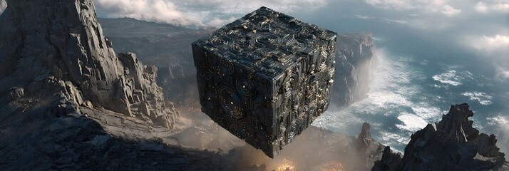 Ancient cube relic with embedded AI nodes hovering over volcanic cliff edge