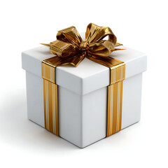 Elegant white gift box with golden ribbon isolated on white background