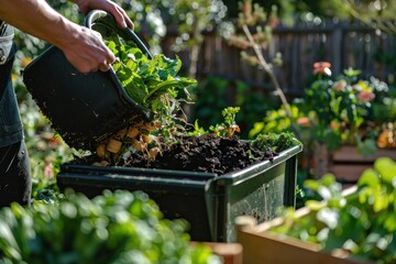 Hands dumping compostable food waste and garden refuse into a compost bin in a domestic garden on a sunny day
