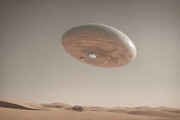 Smooth disc spacecraft hovering over desert dunes (minimal scene)