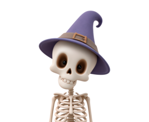 Smiling skeleton wearing purple witch hat on transparent background, PNG