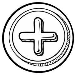 Obraz premium Black and white illustration of a plus sign inside a circle with a textured border