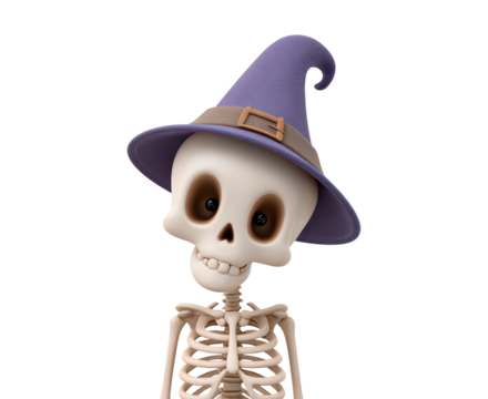 Smiling skeleton wearing purple witch hat on transparent background, PNG