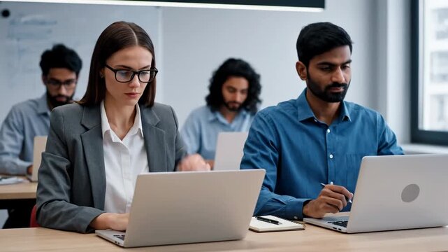 Group adults attending corporate training laptops cinematic professional education lifestyle stock footage. mature pupil learning portable computer expert growth filmic