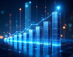 A glowing blue bar graph with an upward trending arrow suggests growth, progress, and positive financial performance.