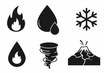 A professional set of water drop icons and vector symbols featuring liquid droplets of oil, blood, and rain designed as versatile graphic elements for warning signs or logo buttons in various colors