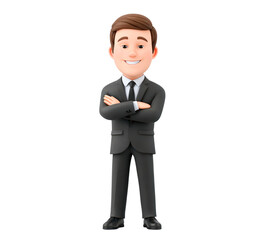 Cartoon businessman in suit with arms crossed on transparent background, PNG