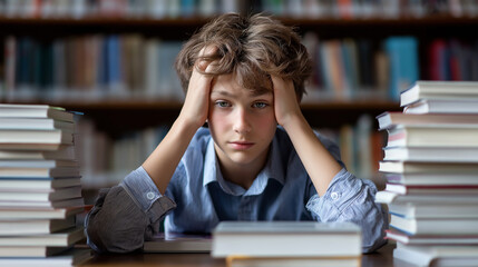 Sad boy sitting at desk with open books holding head in frustration. 

