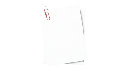 A stack of blank white paper notes held together by a single pink paperclip isolated on transparent background