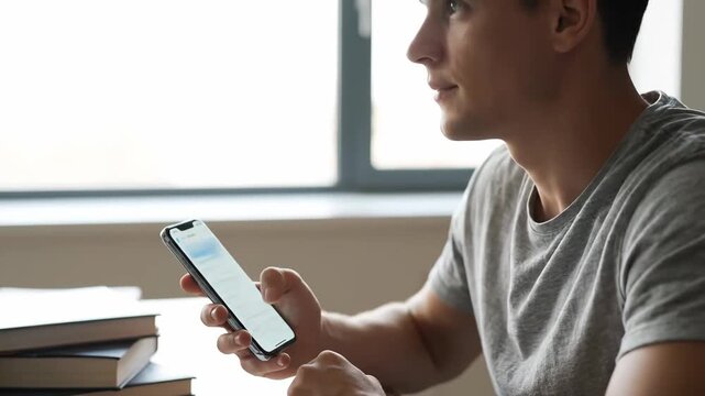 Student practicing language skills translation app cinematic handheld digital education lifestyle stock video. learner honing linguistic ability interpreter program handheld filmic