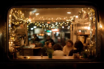 A food truck with fairy lights strung around the window. Customers enjoy late night snacks. The mood feels cozy and magical
