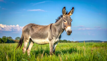 Single grey donkey standing peacefully in green grass, evoking rustic countryside charm and serene rural atmosphere