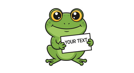 Obraz premium A cute cartoon frog holding a sign that says YOUR TEXT.