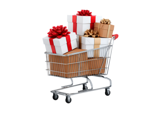 Shopping cart filled with colorful gift boxes and presents on transparent background, PNG