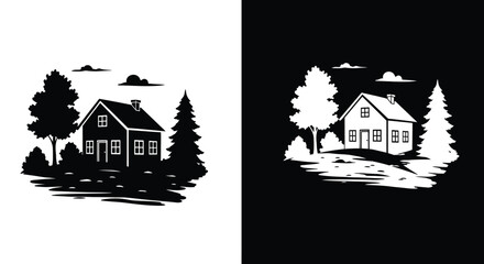 Black and white vector illustration of a house in a landscape with trees and clouds.