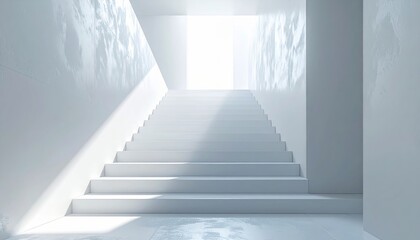 Fototapeta premium Modern 3d open door leading to an abstract stairway to the sky inside a room, a concept of success