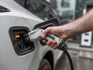 Man's hand inserting electric vehicle charger into the charging port on a modern white electric car.