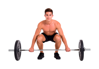 Man weightlifter preparing to lift barbell on transparent background, PNG