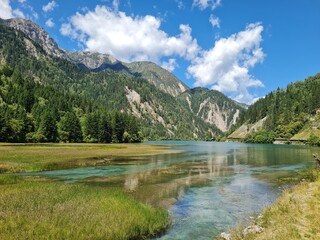 Beautiful scenery of a lake in summer in Jiuzhaigou National Park, China.