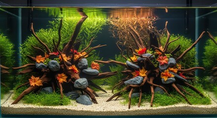 Stunning planted aquarium with intricate driftwood and lush green aquatic plants.