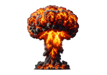 A dramatic explosion of fire and smoke, showcased against a stark black background, highlights the intense energy and destructive power of a powerful detonation.
