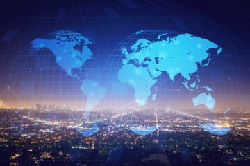 Digital globe hologram and modern city background