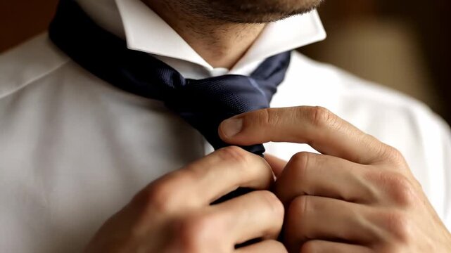 Close up silk tie tied slowly business event cinematic handheld fashion lifestyle stock video. elegant neckwear knotting gradually corporate function stylish attire