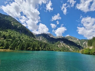 The stunning scenery of a lake in summer in the Jiuzhaigou National Park, China