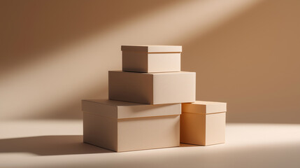 Stack of cardboard boxes arranged on neutral background. 
