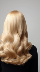 Naklejka premium Back view of woman with long shiny wavy blonde hair. 