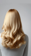 Fototapeta premium Back view of woman with long shiny wavy blonde hair. 