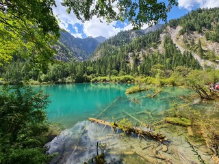 Reflection on the surface of a lake in summer in Jiuzhaigou National Park, China.