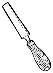 Handheld wood rasp tool with wooden handle, isolated on white background