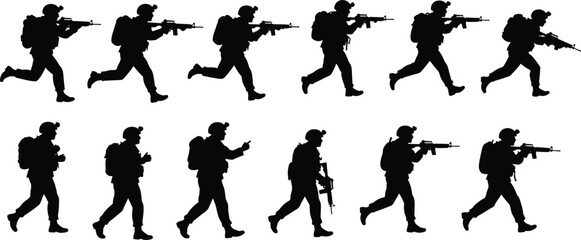 Silhouette of armed soldiers in tactical gear, running and patrolling, military team illustration, special forces vector design for defense projects