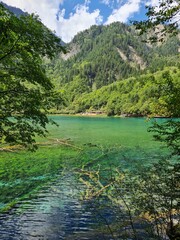 The stunning scenery of a lake in summer in the Jiuzhaigou National Park, China
