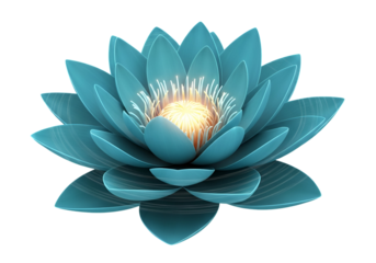 A radiant, teal-hued lotus flower blossoms against a striking black backdrop, showcasing detailed petal structures and a luminous center.