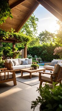 Elegant outdoor patio furniture with wooden frames and neutral cushions set within a lush garden setting, creating a relaxing outdoor living space.