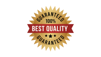 Golden starburst badge with red ribbon proclaiming 100 percent best quality guaranteed isolated on transparent background