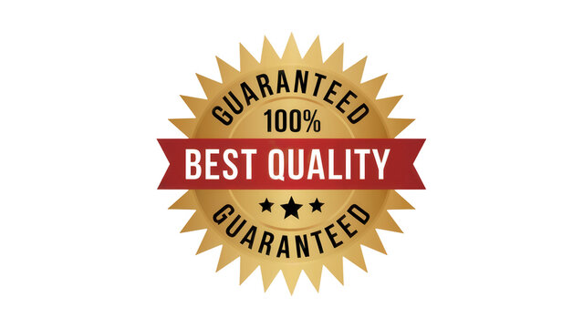 Golden starburst badge with red ribbon proclaiming 100 percent best quality guaranteed isolated on transparent background
