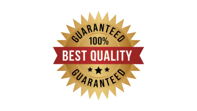 Golden starburst badge with red ribbon proclaiming 100 percent best quality guaranteed isolated on transparent background