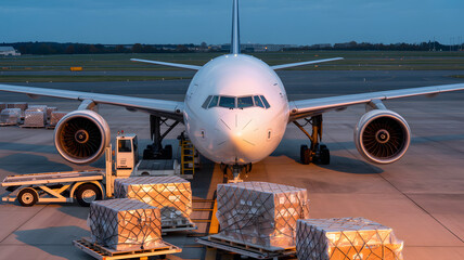 Cargo plane loading at dusk with pallets of goods ready for transport