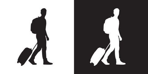 Silhouette of a person walking with a suitcase and backpack. Ideal for travel, tourism, or vacation concepts