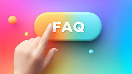 Hand Pressing Colorful FAQ Button on a Vibrant Gradient Background
