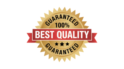 Golden starburst seal with red banner proclaiming best quality and guaranteed 100 percent isolated on transparent background