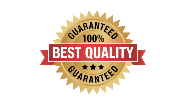 Golden starburst seal with red banner proclaiming best quality and guaranteed 100 percent isolated on transparent background