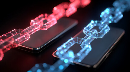 Virtual Representation of a Secure Blockchain Technology Connecting Two Smartphones With Glowing Chains